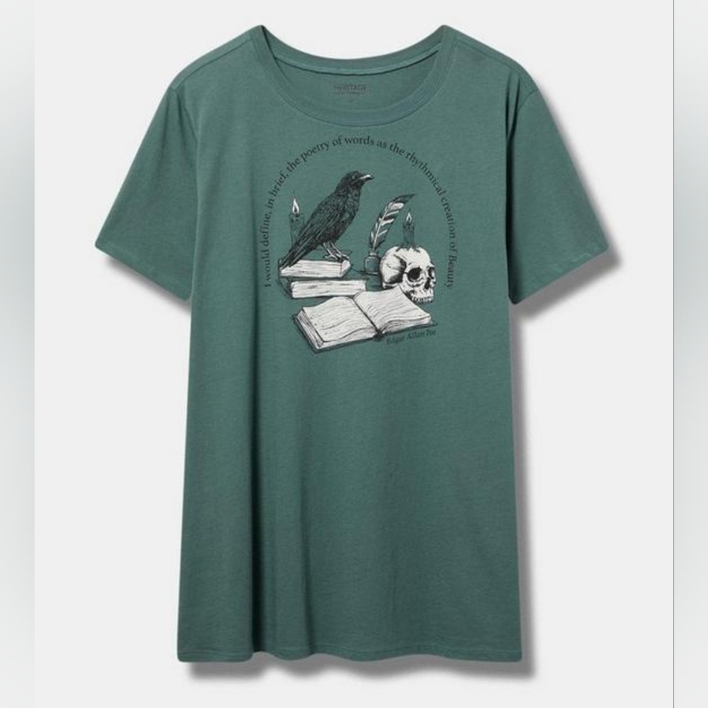 Torrid Sage Green Edger Allen Poe Raven Goth Art Bohemian Cotton T Shirt…